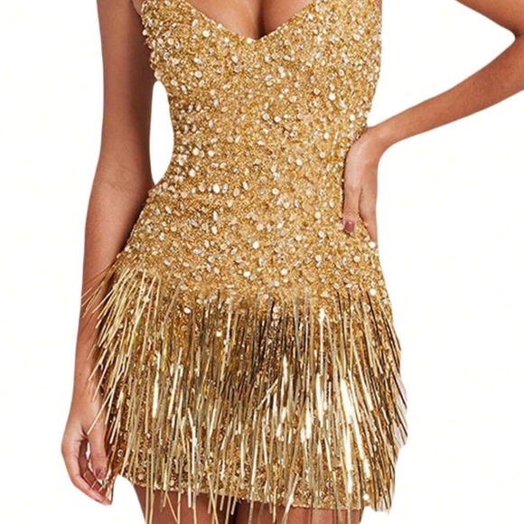 SHEIN Dresses & Skirts - NWT SIZE MED Gold Sequin Showgirl Dress w/ Gold Glitter Rhinestones Tassels NYE